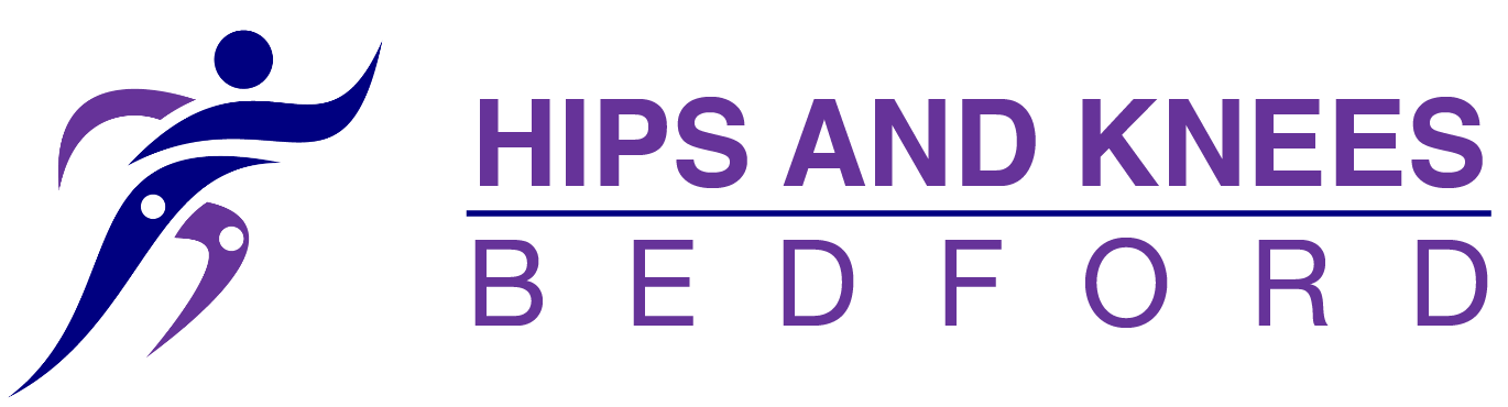 Logo for Hips And Knees Bedford in Purple and Blue writing.